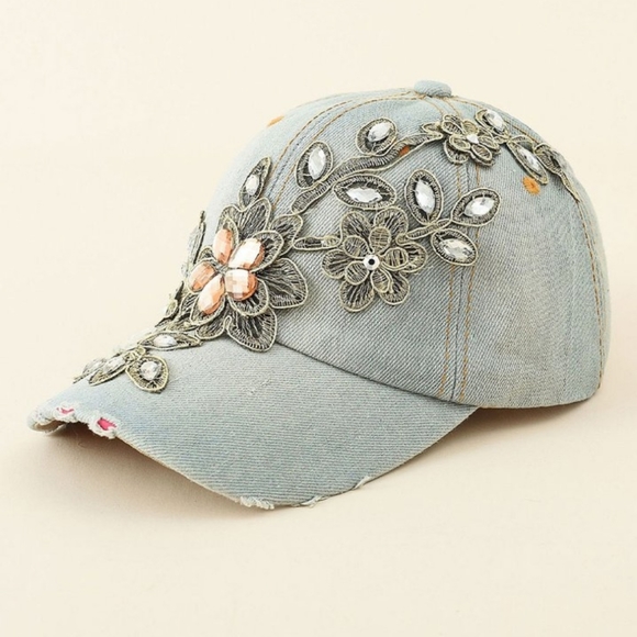 H.O.P.E. Accessories - H.O.P.E. Blue Floral & Rhinestone Baseball Hat